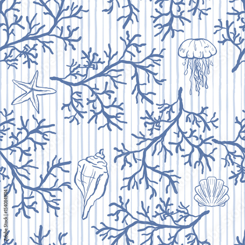 Coral seamless pattern background in modern style in blue and white colors. Organic algae striped background. Vector design for textile, wrapping paper, greeting cards