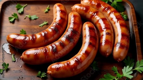 Grilled sausages served on a wooden platter with fresh vegetables and herbs in a cozy kitchen setting
