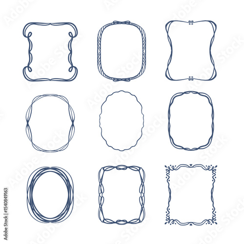 Set of blue line frames with curls and wavy stroke. Collection of vertical blank templates to decorate text. Greeting or wedding frames.