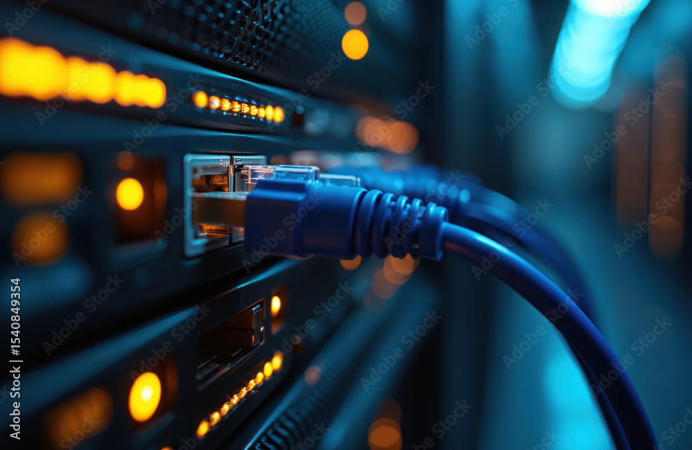 Fototapeta premium Network server rack with connected cables in data center. Ethernet cable plugged. Modern tech, broadband internet. Computer network digital information system. Data transfer, high-speed connection,