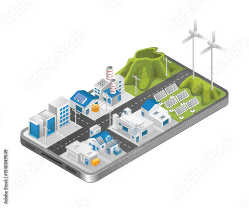 Flat isometric illustration concept. solar panel industrial city view on smartphone