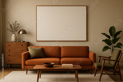 Mid Century Modern Living Room Blank Canvas Orange Sofa Wooden Furniture Neutral Walls Dried Flowers