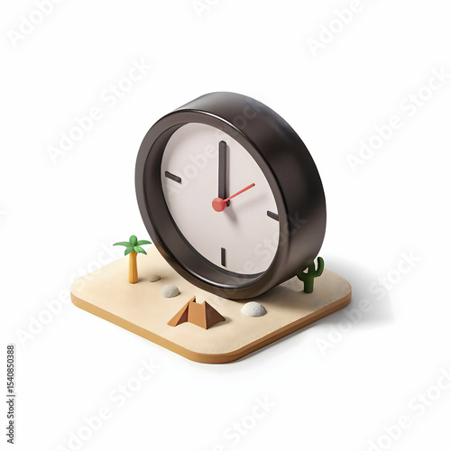 A bizarre 3D melting clock draped over a stone in a surreal desert scene under a fading sun

