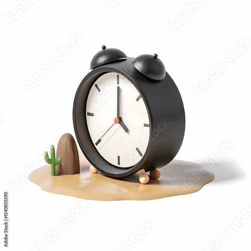 A bizarre 3D melting clock draped over a stone in a surreal desert scene under a fading sun
