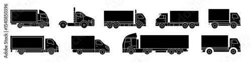 Vector illustration of various delivery and cargo truck silhouettes in black, ideal for logistics, transport, and shipping design purposes