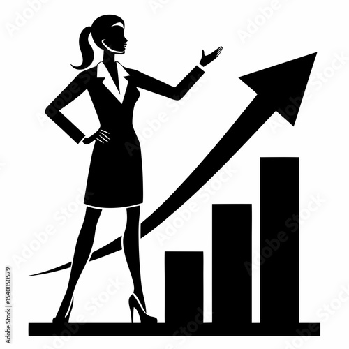 Businesswoman silhouette with upward trending graph isolated on white background
