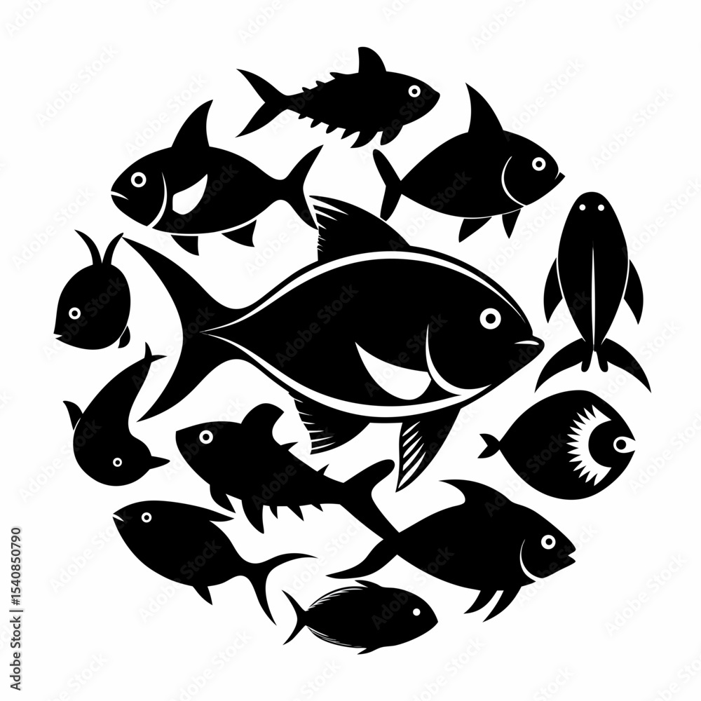 Naklejka premium Collection of black silhouettes of various fish isolated on white background