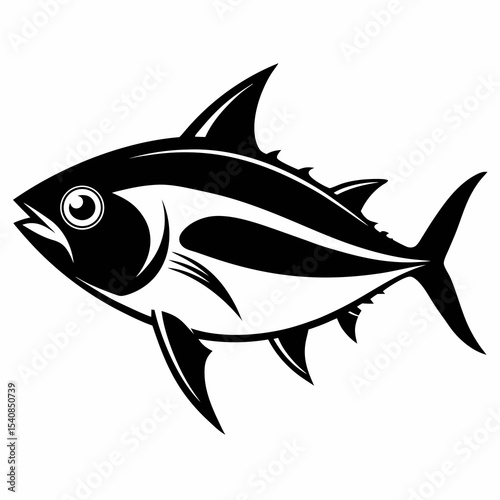 Black and white tuna fish illustration isolated on white background