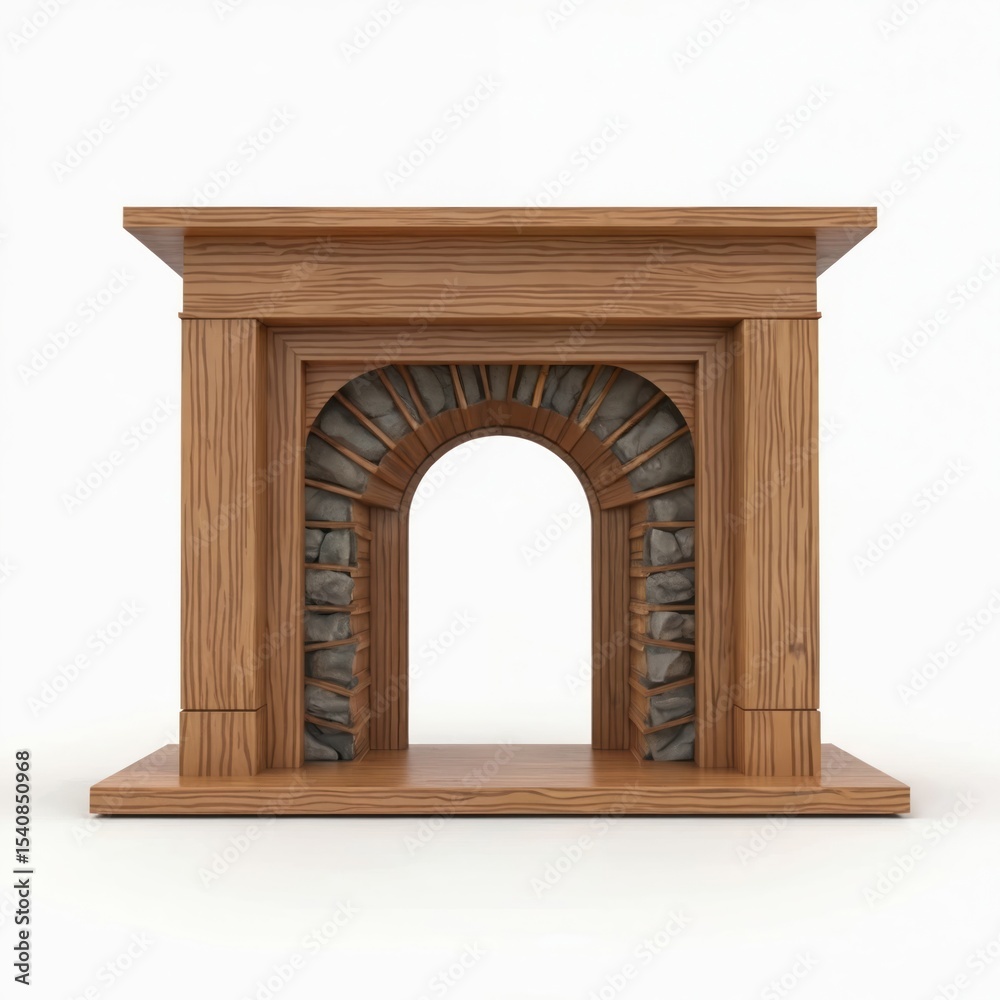Fototapeta premium Wooden fireplace portal front view. Interior decor elements. Arched design with stone, brown wood texture. Luxury home decor fireplace, classic style. Isolated on white background.