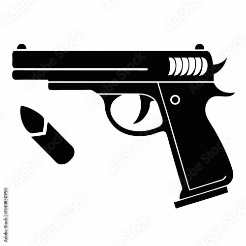 Handgun and bullet silhouette isolated on white background