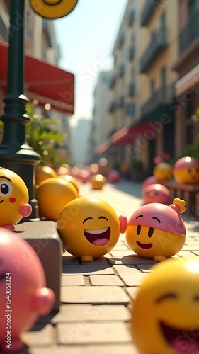 Happy yellow smileys enjoying sunny day on busy city street