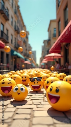 Happy yellow smileys enjoying sunny day on busy city street