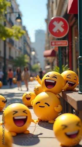 Happy yellow smileys enjoying sunny day on busy city street
