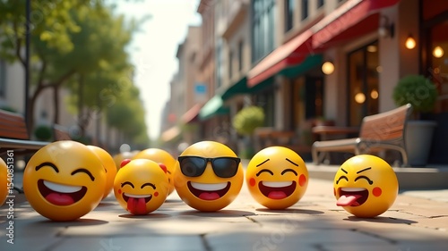 Happy yellow smileys enjoying sunny day on busy city street