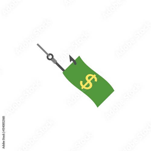Money on a fishing hook shaped bait. A paper banknote hangs on a hook. Vector clipart and drawing. Illustration on white background.
