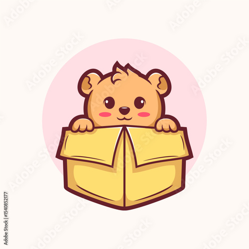 Cartoon bear is peeking out of a cardboard box. The bear is cute and has a big smile on its face