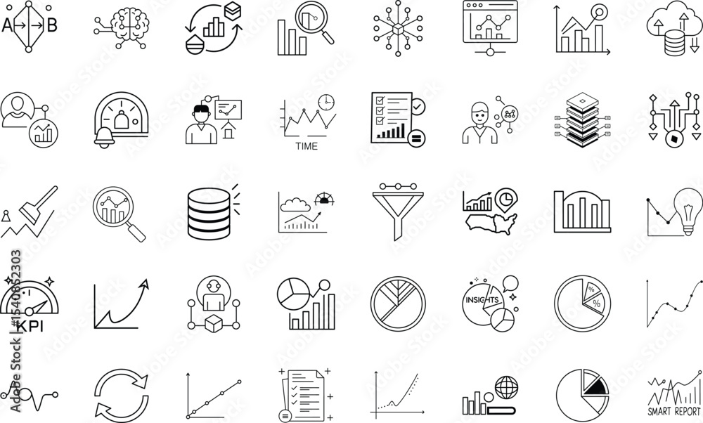 Naklejka premium Diverse Data Analytics and Business Intelligence Icon Set for Modern Data Driven Applications and Visualizations Presentations