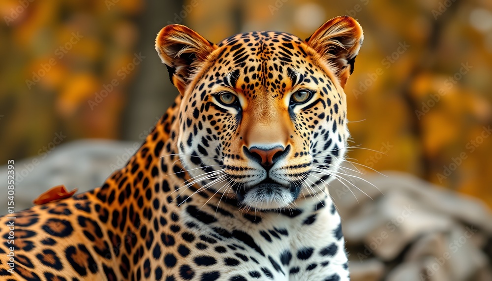 Fototapeta premium Poster with a leopard against the background of autumn nature. Fashionable animal prints