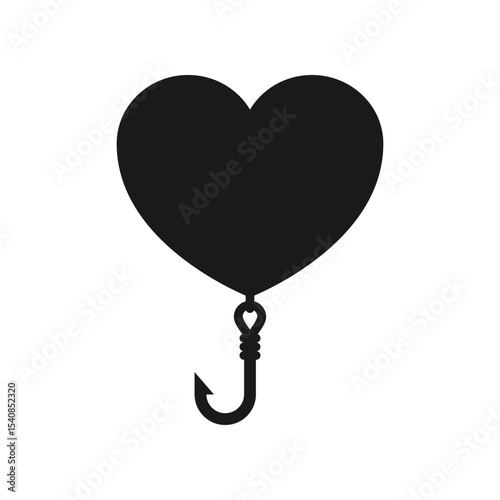 The hook hangs on the heart. Fishing hook with heart. Vector silhouette and drawing. Isolated illustration on white background.