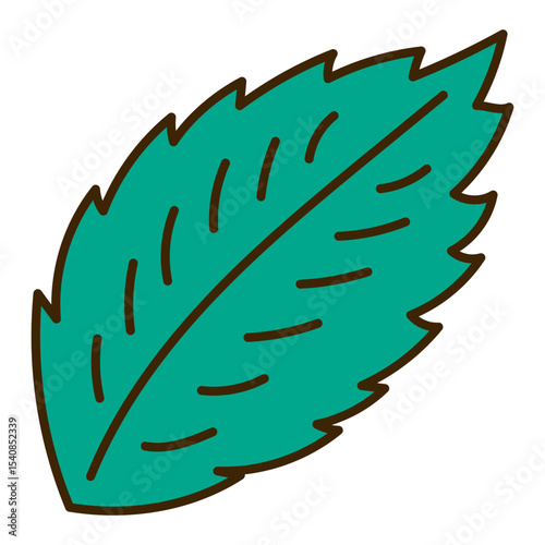 Single mint leaf hand drawn illustration, isolated vector. Line art style design. Summer clip art, seasonal element, print. Cocktail garnish, beach bar, pool party. Aromatic herb, cooking, baking