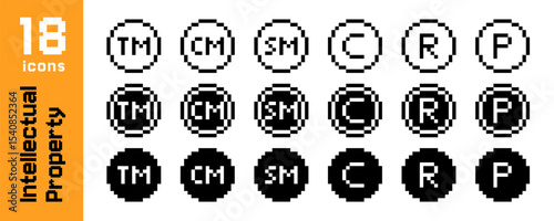 Pixel intellectual property icons set with trademark, copyright, registered and patent symbols in black and white