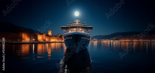 A grand cruise ship glows under starlight near Civitavecchia’s historic port, blending modern elegance with Italy’s timeless charm.