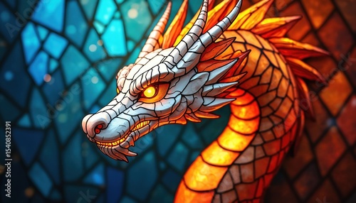 Vibrant dragon illustration in stained glass art style. Bright design with mosaic texture. High-colored fantasy creature, artistic image for decor, beauty and elegance.