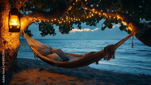 Romantic Beach Hammock Sunset with Ocean View.