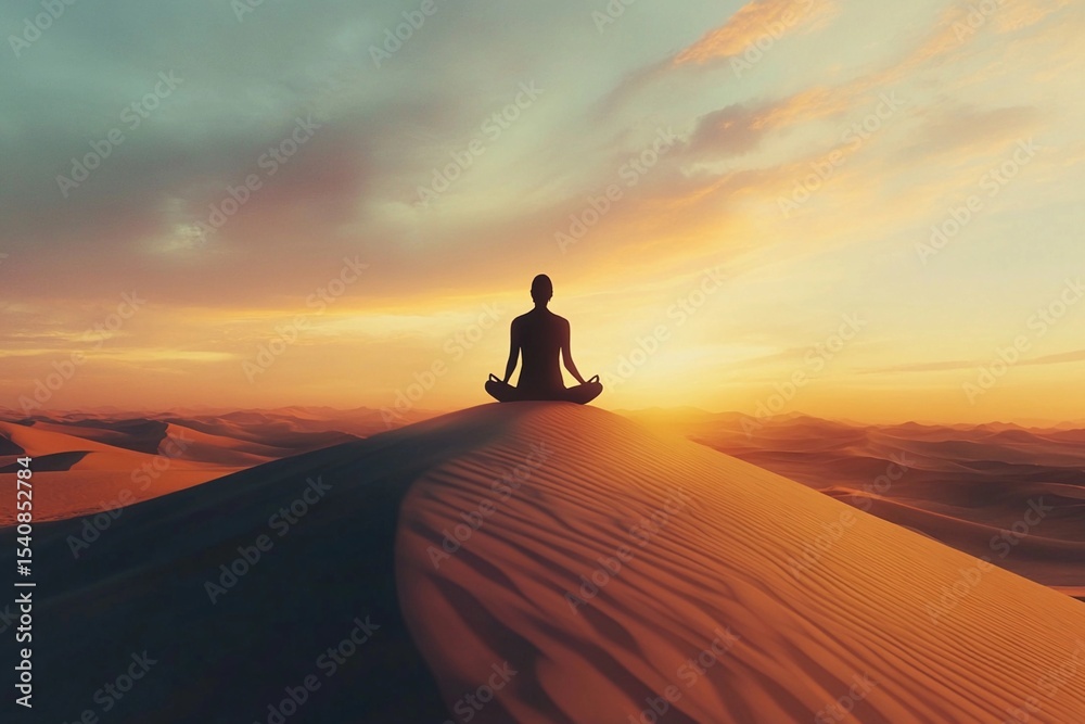 Obraz premium Solitary figure meditating at the top of a sand dune