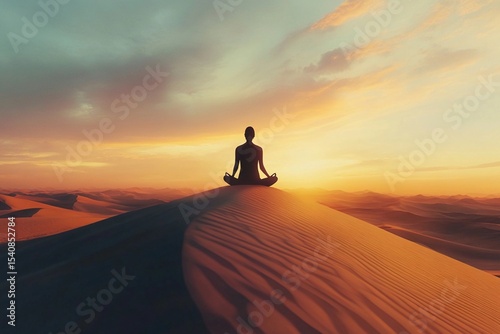 Solitary figure meditating at the top of a sand dune