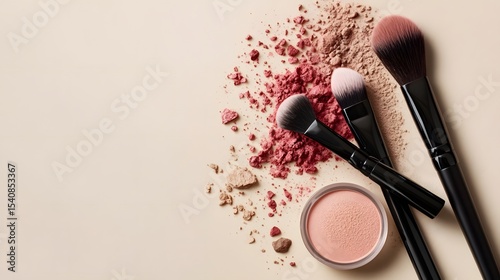 Photograph of makeup brushes and scattered blush powder on a beige background.
