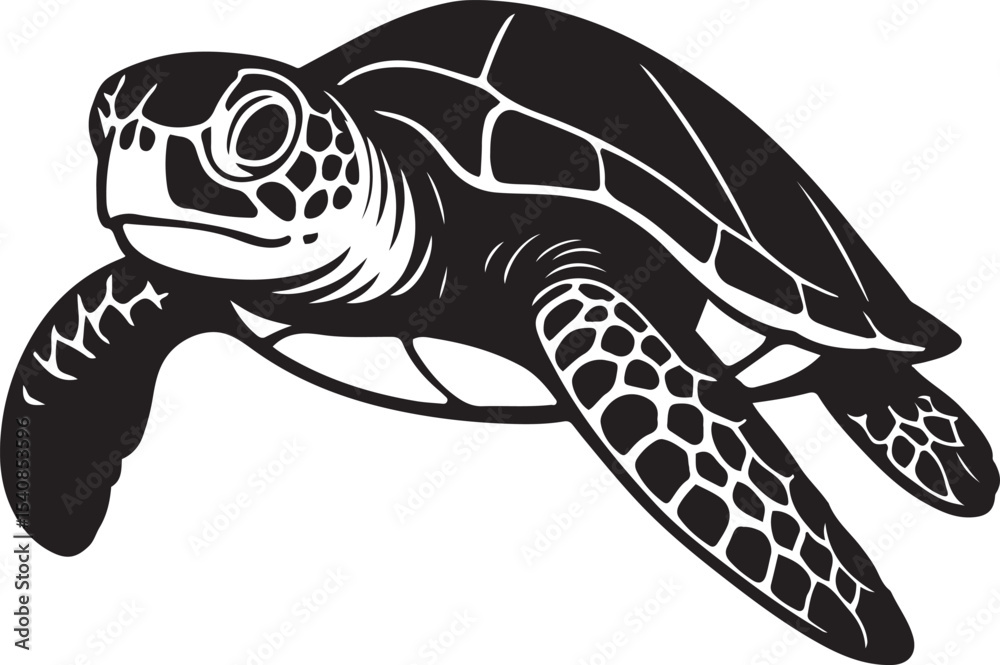 Obraz premium Sea turtle black silhouette bold graphic, Ocean turtle flat black and white pose