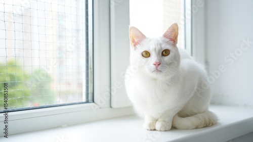 White cat sitting safely on window sill with protective mesh, indoor pet safety, fall prevention, urban apartment