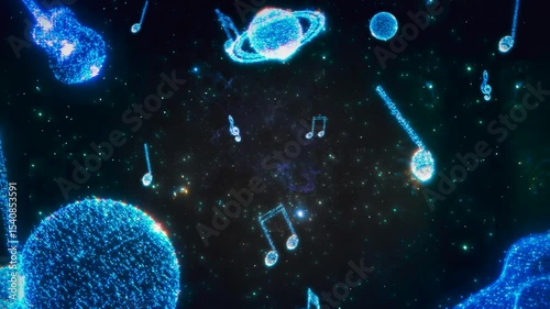 Universe animation with musical notes. Nebula. Bright universe with musical instruments.