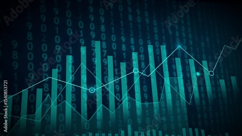 Animated financial data chart moving upwards with binary code background for business concept