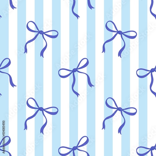 Blue ribbon bow seamless pattern with bows over pastel blue vertical stripes