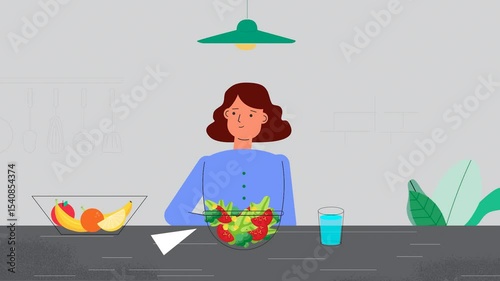 animation 2D of a woman in kitchen. Flat. Vector. Woman eating salad. Good food. Good health. 