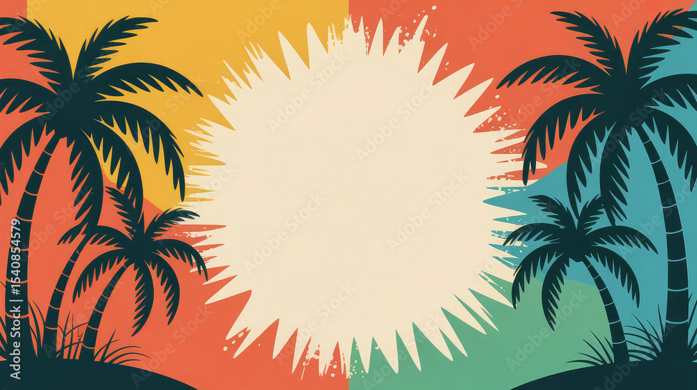 Obraz premium Tropical beach background with palms and colorful elements, beach party poster template, colorful summer background with palm trees.