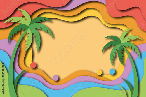 Tropical beach background with palms and colorful elements, beach party poster template, colorful summer background with palm trees.