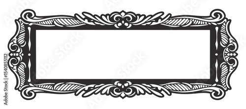 Horizontal rectangular frame featuring intricate flourishes, swirls, and arabesque details, providing a sophisticated and elegant design element suitable for various decorative purposes