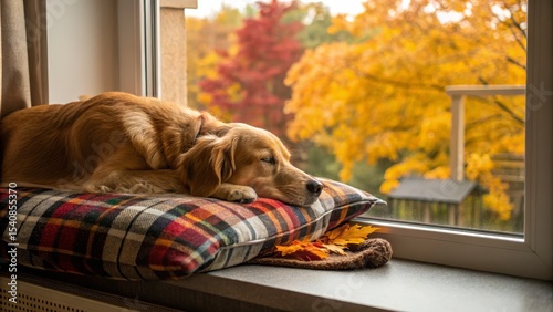 Fototapeta Naklejka Na Ścianę i Meble -  Golden Retriever Sleeping on Plaid Pillow by Window, Autumn View, Cozy Dog, Fall Scenery Dog photography, Autumn mood