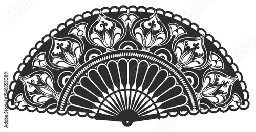 Vintage line art semicircular pattern featuring swirls, scrolls, flourishes, arabesques, used as decorative element in print, textile, label or frame design