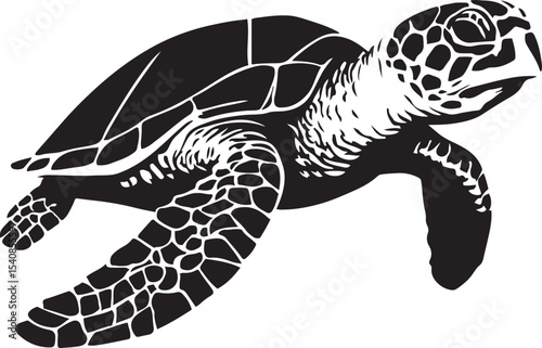 Sea turtle elegant silhouette black and white, Graceful marine turtle flat artwork