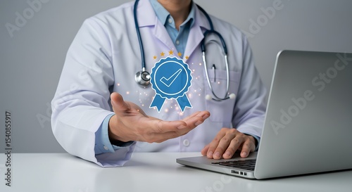 Doctor Hands Holding Digital Quality Award Badge near Laptop