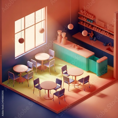 Gradient mesh isometric coffee shop interior with tables and chairs