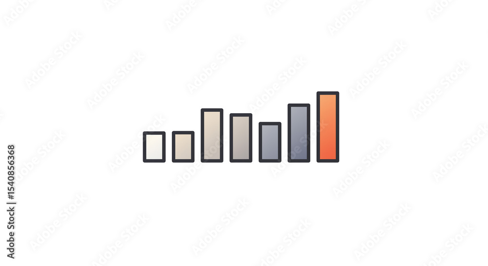 A simple bar graph illustration showing an upward trend with the last bar in orange color on white background A simple bar graph illustration showing an upward trend with the last bar in orange color on white background