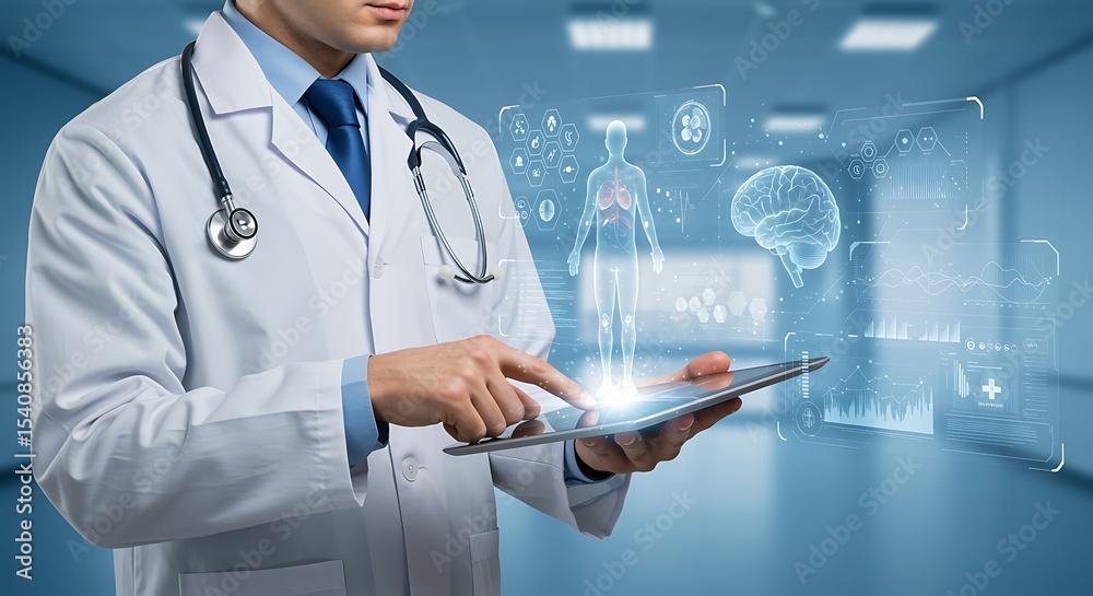 Doctor using digital tablet analyzing human anatomy and medical data Doctor using digital tablet analyzing human anatomy and medical data