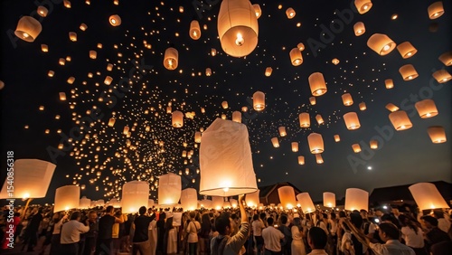 Hundreds of Sky Lanterns Ascending at Night Low Angle Composition, Warm Lighting, Festival Concept, Thailand Sky Lanterns, Yi Peng Festival