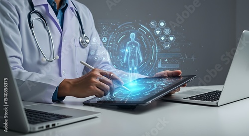 Doctor using digital stylus on tablet showing holographic human body medical data