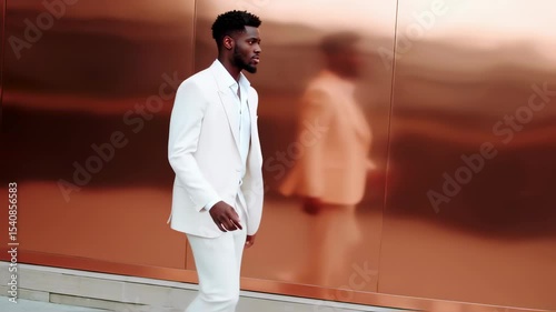 Confident man in white suit walking by modern copper wall